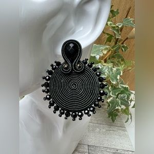 Black Elegant Round Dangle Earrings - Evening Glam Soutache Earrings